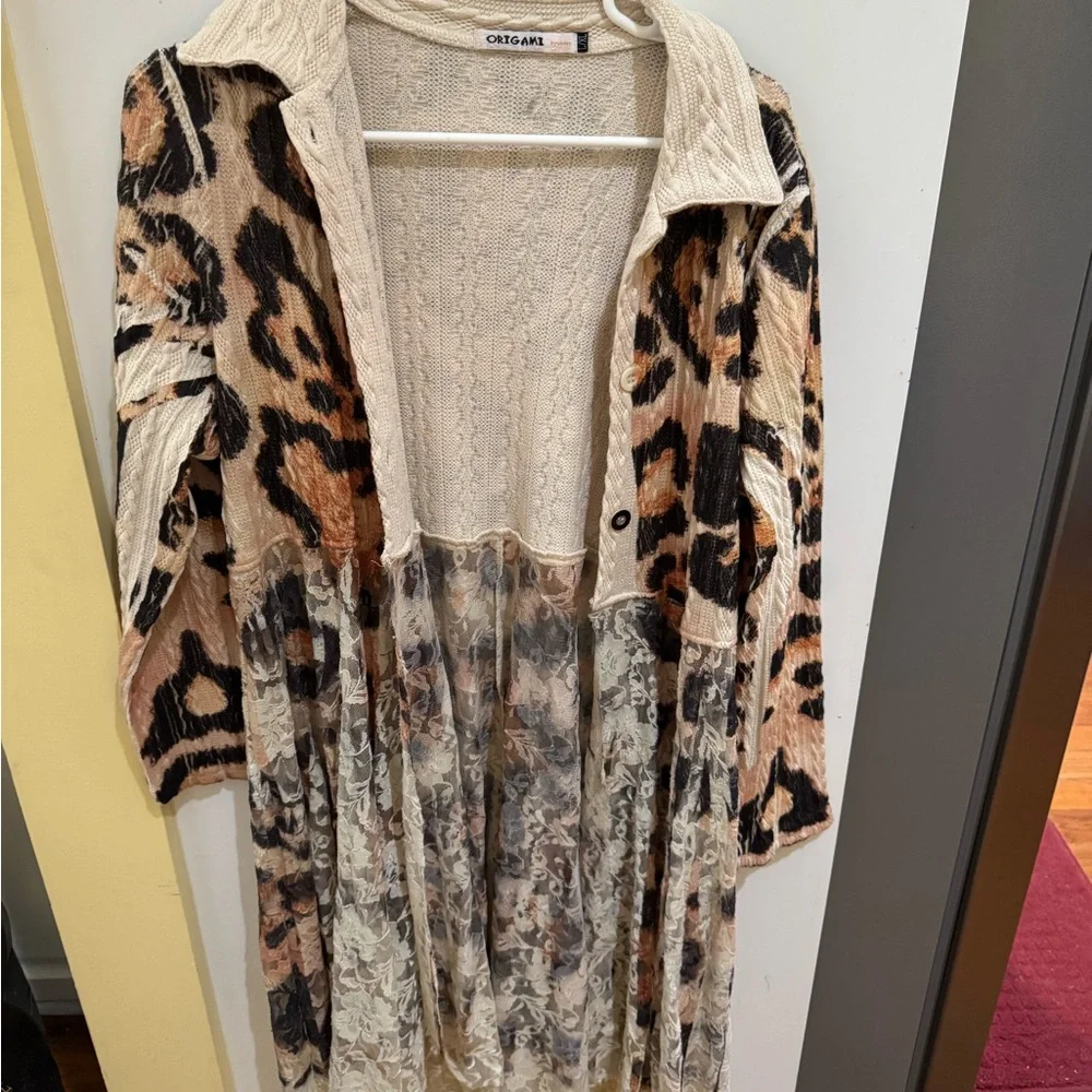Origami Beige Leopard Print Lace Panel Dress - Picture 3 of 6
